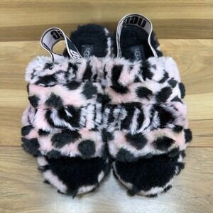 UGG Womens Slippers Size 7 Black Pink Fluff Yeah Shearling Fur Slingback